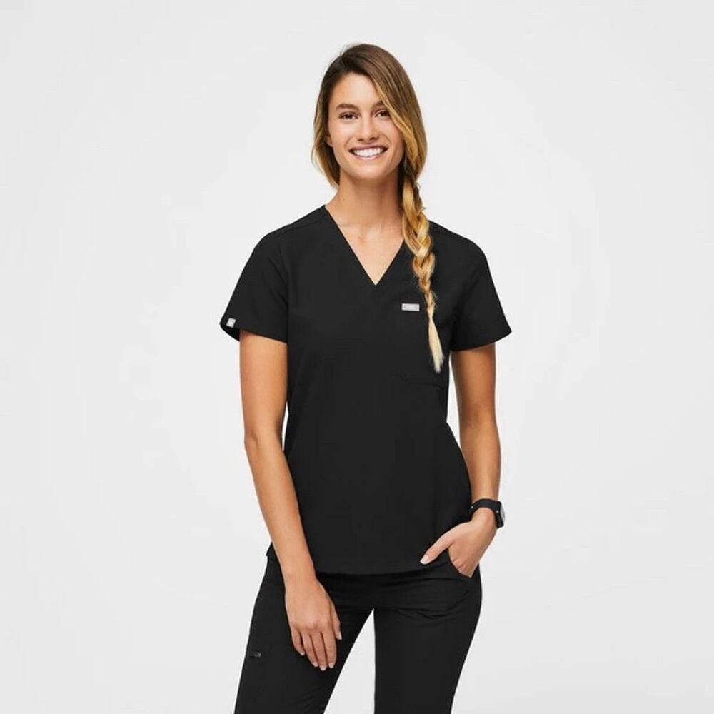 Figs Black V-Neck Medical Scrub Top